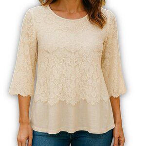 Pleione Lace Tunic Top Romantic Cottagecore Ivory 3/4 Sleeve Large